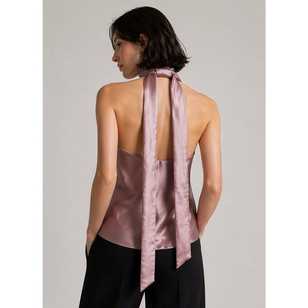 Wildfang “Empower” Satin Cami Halter Scarf Neck Tie Back Mauve M NWT - Picture 2 of 12